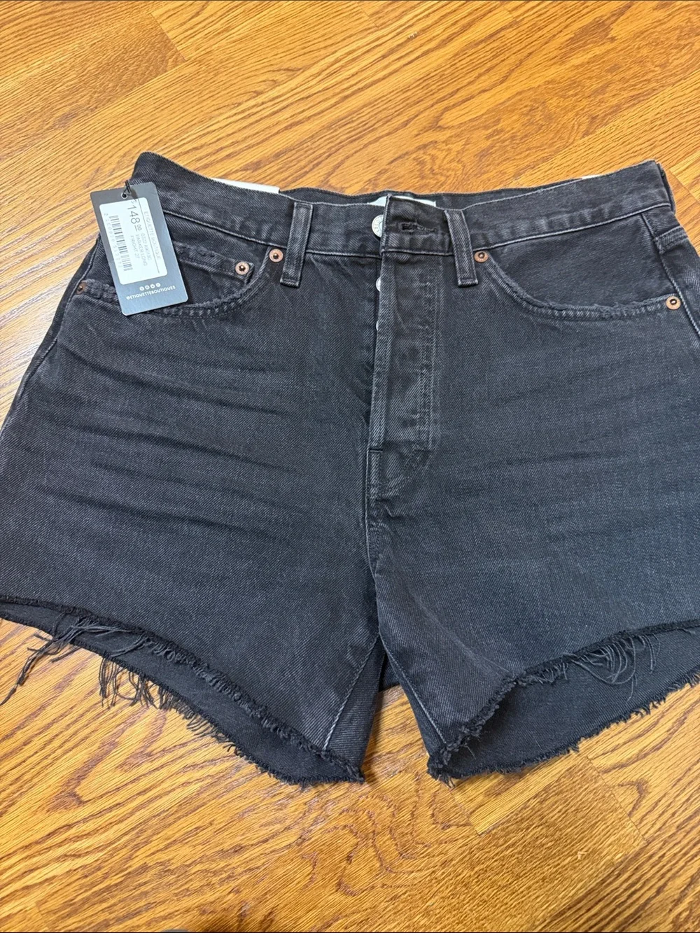 Agolde Parker Long Black Denim Shorts with Raw Hem 27